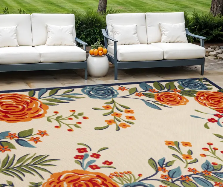 8' X 11' Ivory Blue and Orange Floral Non Skid Indoor Outdoor Area Rug