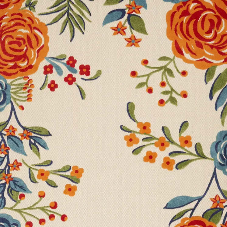 8' X 11' Ivory Blue and Orange Floral Non Skid Indoor Outdoor Area Rug