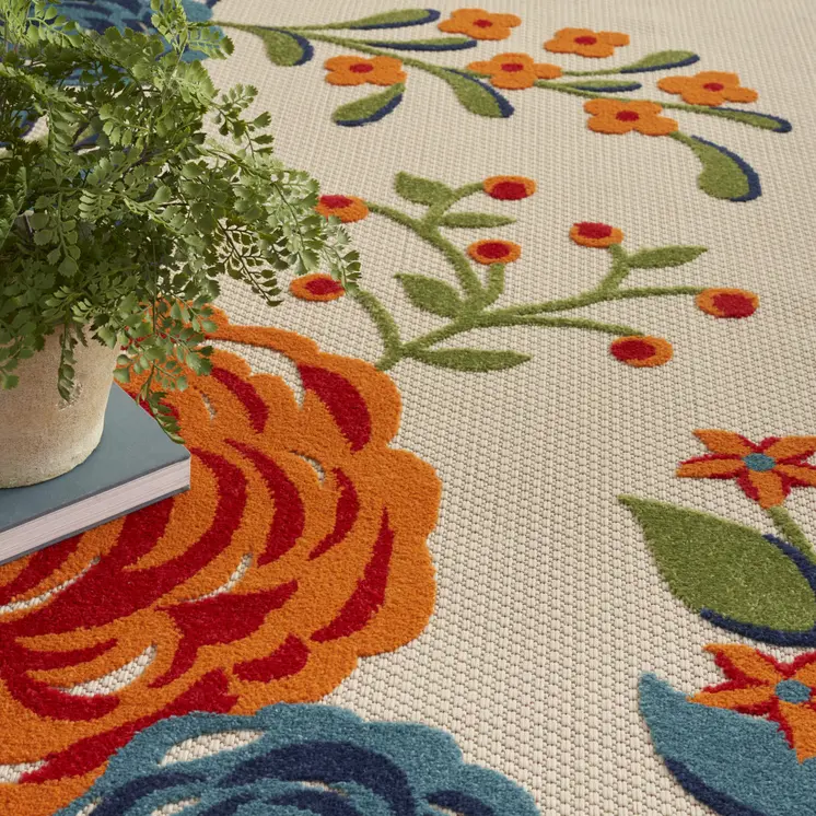 8' X 11' Ivory Blue and Orange Floral Non Skid Indoor Outdoor Area Rug