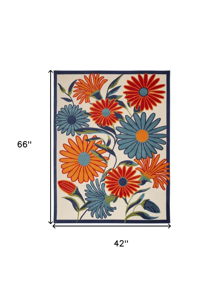 4' X 6' Ivory Blue and Orange Floral Non Skid Indoor Outdoor Area Rug