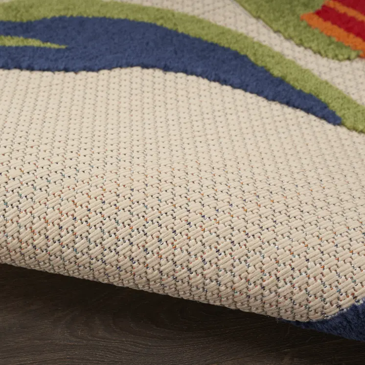8' X 11' Ivory Blue and Orange Floral Non Skid Indoor Outdoor Area Rug