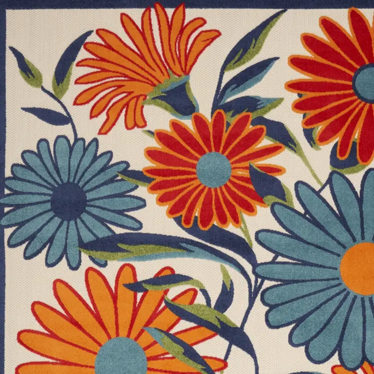 8' X 11' Ivory Blue and Orange Floral Non Skid Indoor Outdoor Area Rug