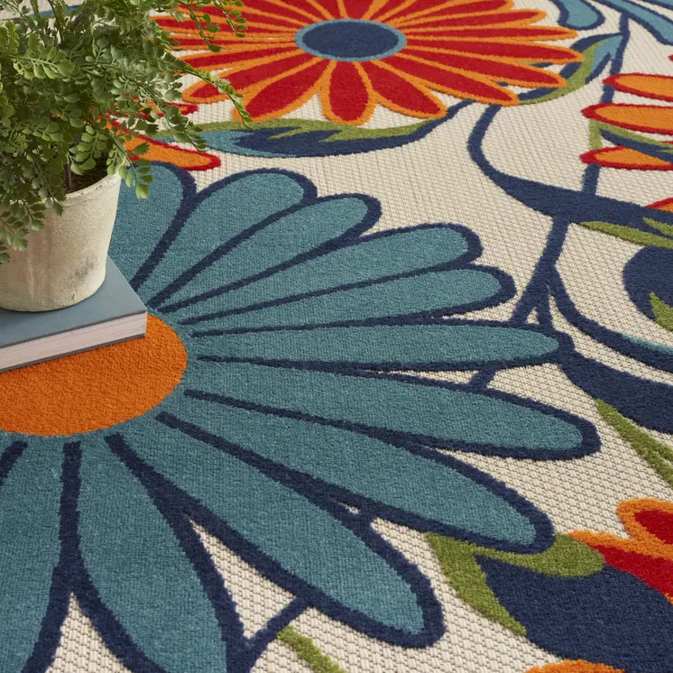 8' X 11' Ivory Blue and Orange Floral Non Skid Indoor Outdoor Area Rug