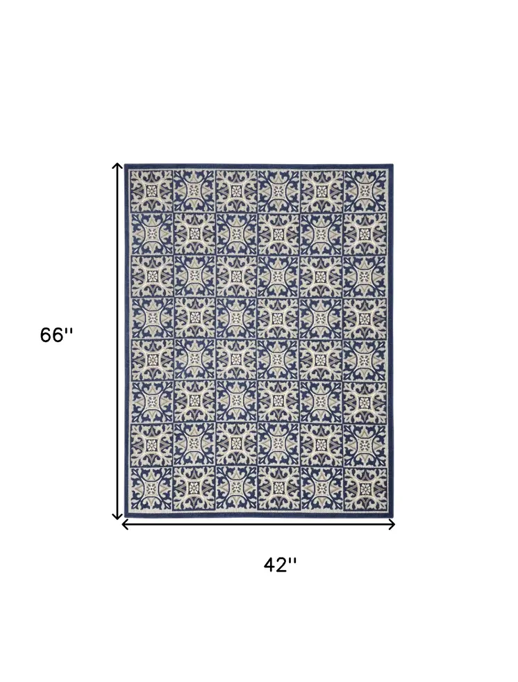 4' X 6' Blue Fleur De Lis Stain Resistant Non Skid Area Rug