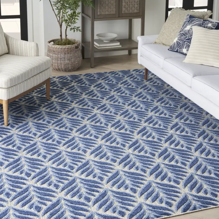 7' X 10' Blue Floral Stain Resistant Non Skid Area Rug