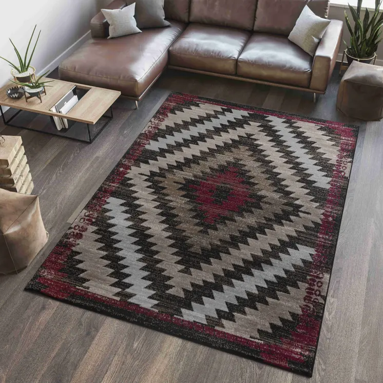 5' X 7' Brown And Red Geometric Area Rug