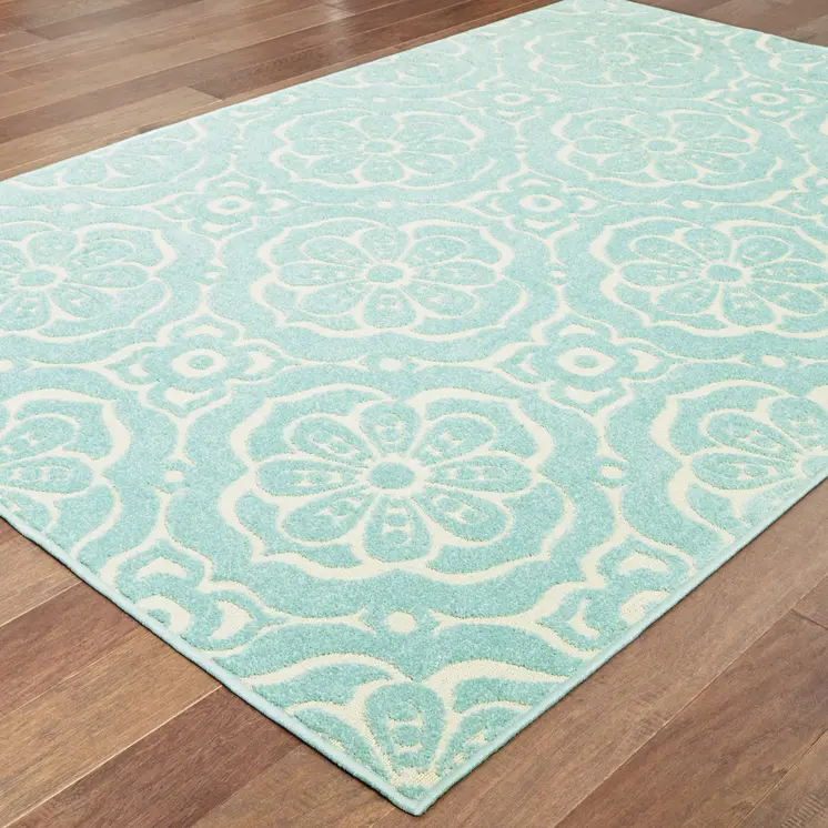 10' X 13' Blue and Ivory Floral Stain Resistant Indoor Outdoor Area Rug