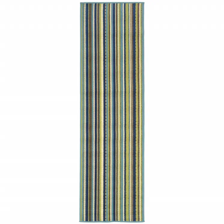 2' X 8' Blue and Green Striped Stain Resistant Indoor Outdoor Area Rug