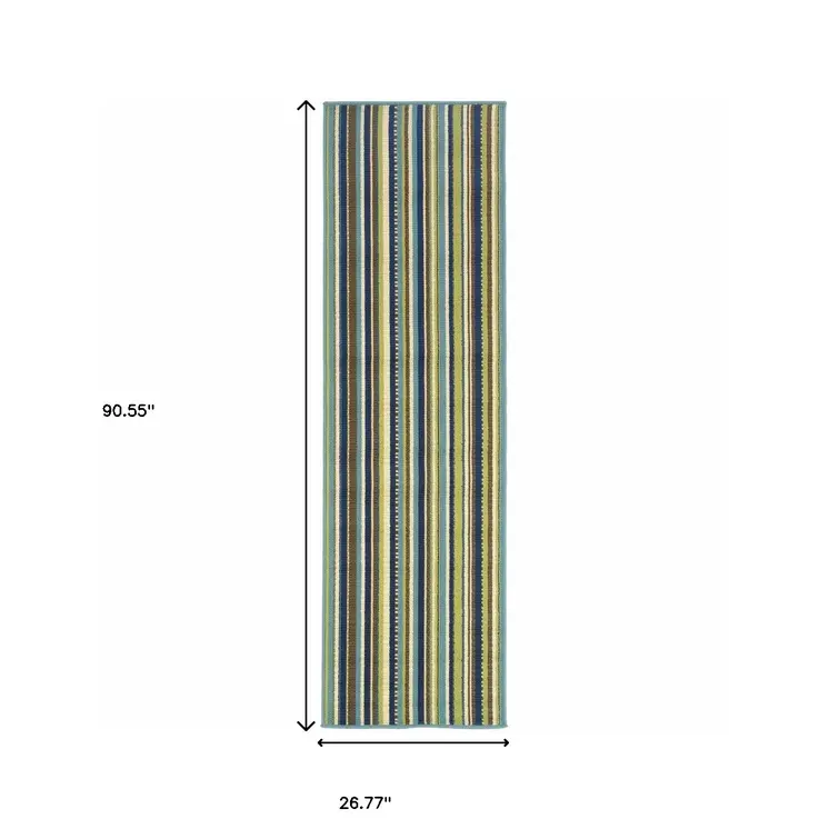 2' X 8' Blue and Green Striped Stain Resistant Indoor Outdoor Area Rug