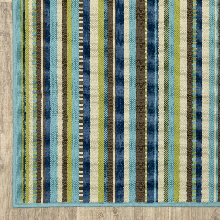2' X 8' Blue and Green Striped Stain Resistant Indoor Outdoor Area Rug