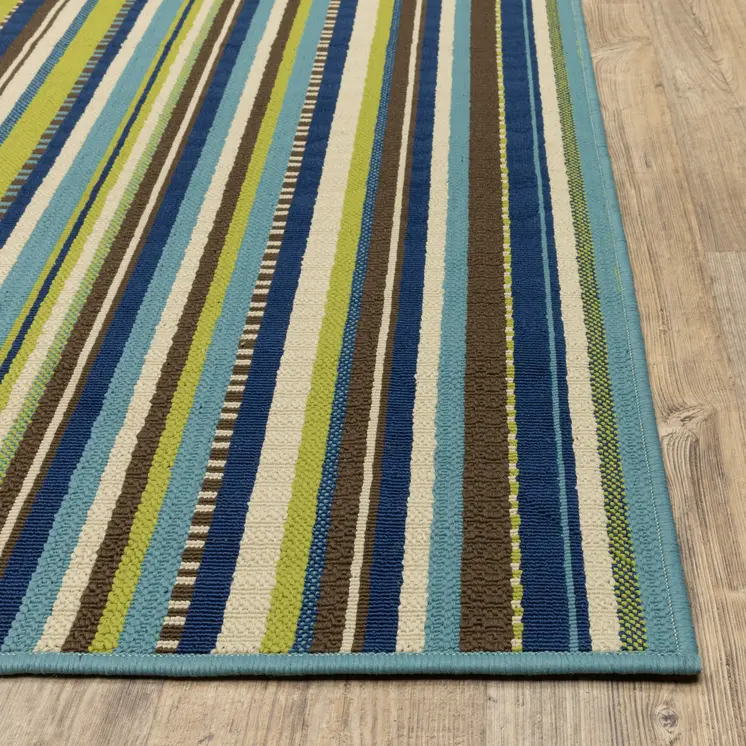 2' X 8' Blue and Green Striped Stain Resistant Indoor Outdoor Area Rug