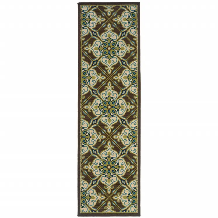 2' X 8' Brown and Ivory Floral Stain Resistant Indoor Outdoor Area Rug