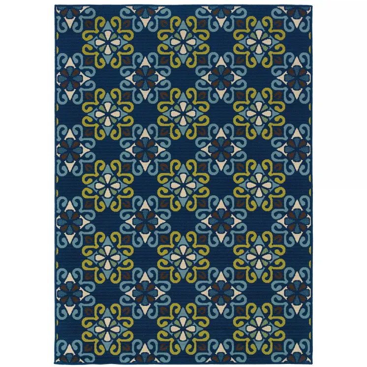 2' X 4' Blue and Green Floral Stain Resistant Indoor Outdoor Area Rug