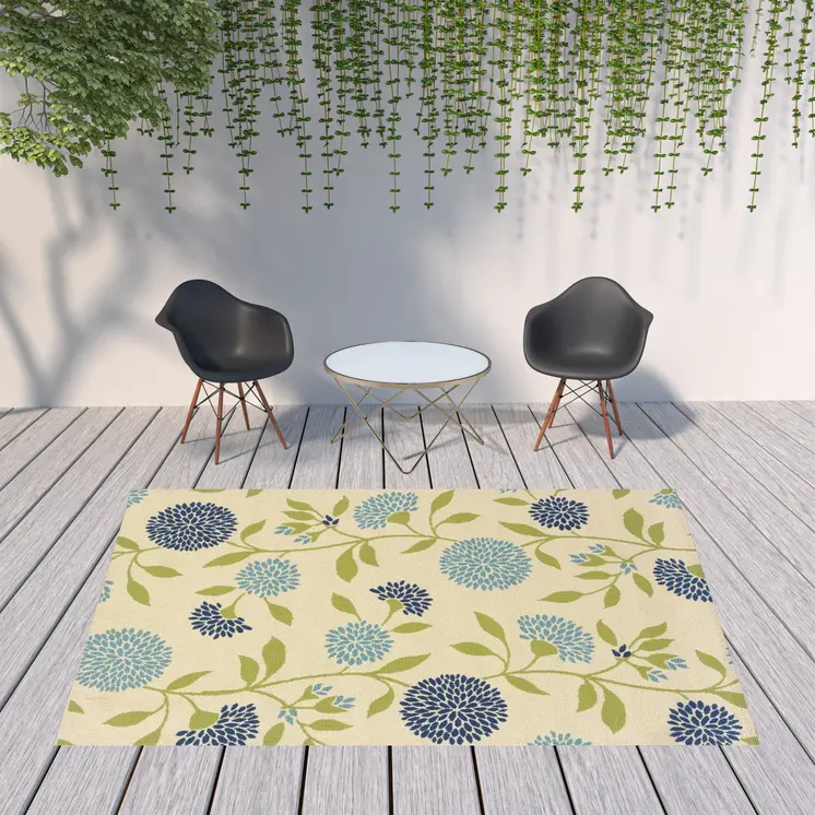 8' X 11' Green and Ivory Floral Stain Resistant Indoor Outdoor Area Rug