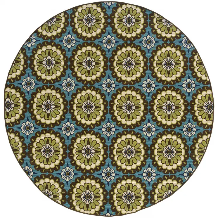 8' X 8' Blue and Green Round Floral Stain Resistant Indoor Outdoor Area Rug