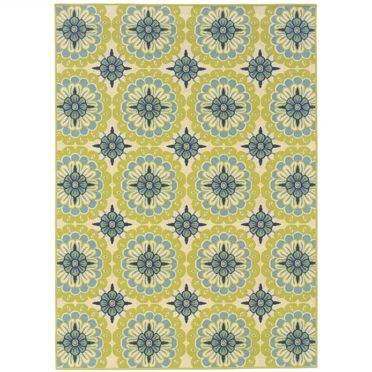 2' X 4' Green and Ivory Floral Stain Resistant Indoor Outdoor Area Rug