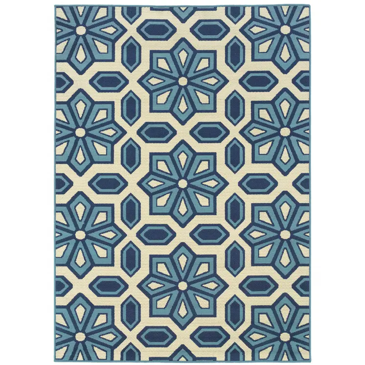 7' X 10' Ivory and Blue Geometric Stain Resistant Indoor Outdoor Area Rug