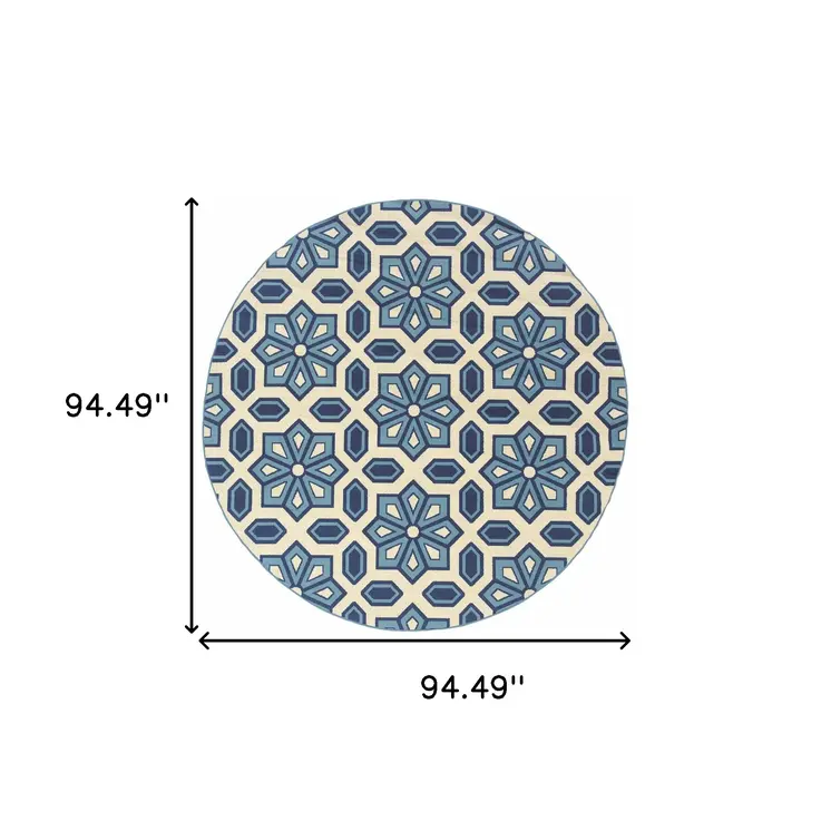 8' X 8' Ivory and Blue Round Geometric Stain Resistant Indoor Outdoor Area Rug