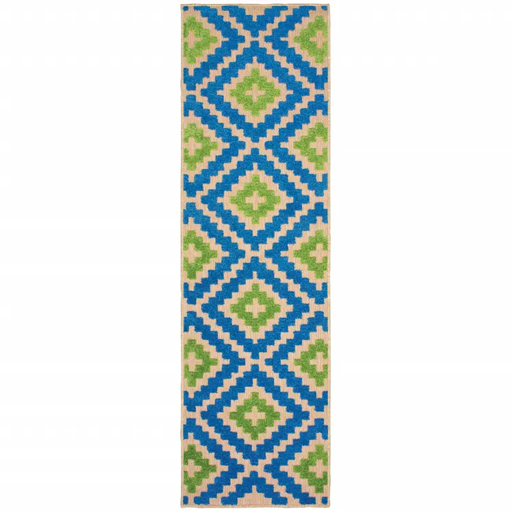 2' X 8' Blue and Beige Geometric Stain Resistant Indoor Outdoor Area Rug