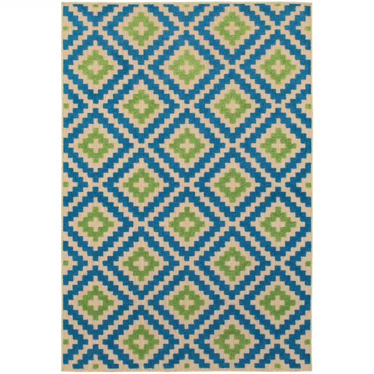 7' X 10' Blue and Beige Geometric Stain Resistant Indoor Outdoor Area Rug