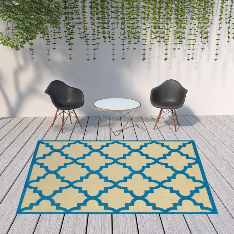 8' X 11' Blue and Beige Geometric Stain Resistant Indoor Outdoor Area Rug