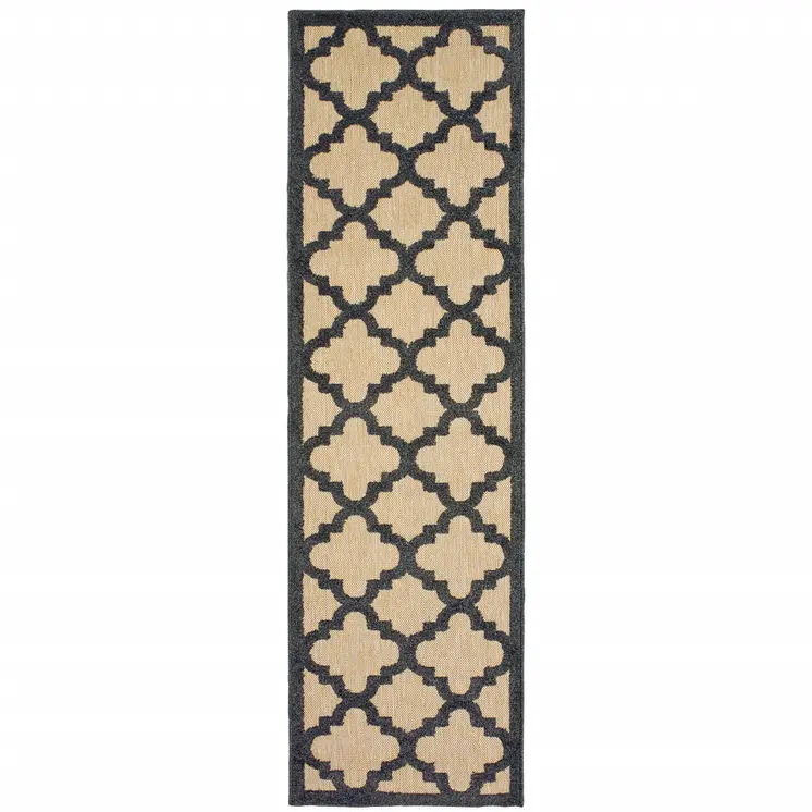 2' X 8' Beige and Black Geometric Stain Resistant Indoor Outdoor Area Rug