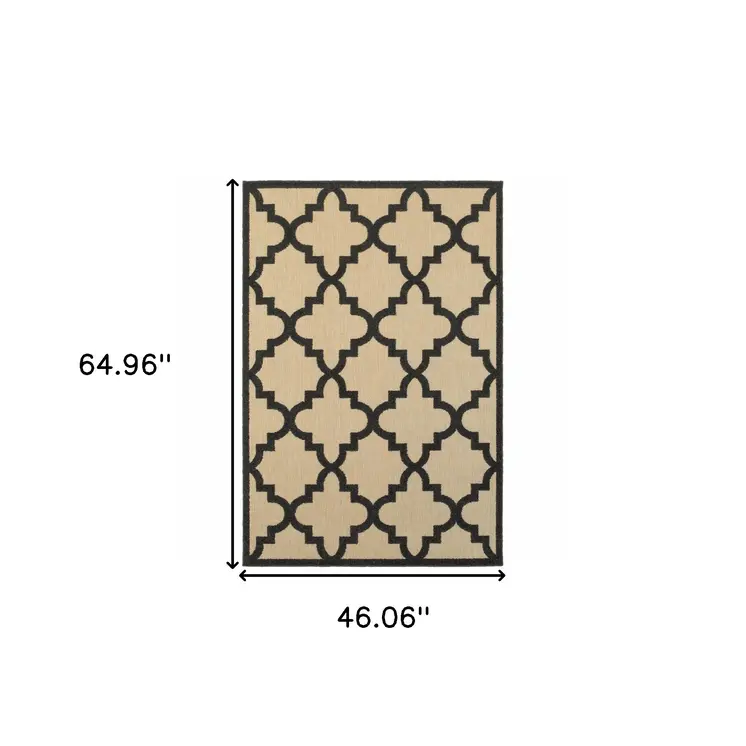 4' X 5' Beige and Black Geometric Stain Resistant Indoor Outdoor Area Rug