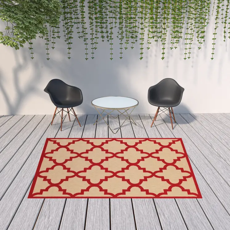 7' X 10' Red Geometric Stain Resistant Indoor Outdoor Area Rug