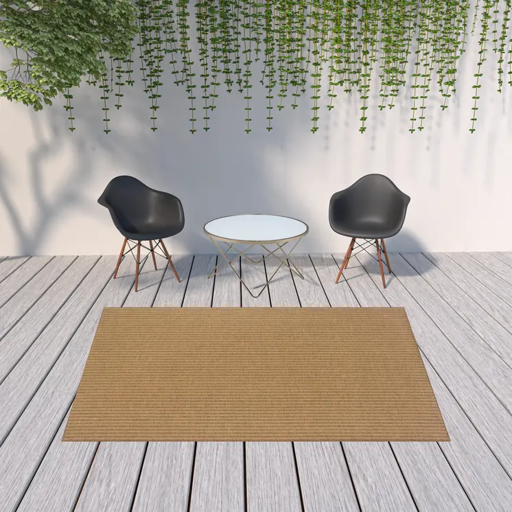 7' X 10' Tan Striped Stain Resistant Indoor Outdoor Area Rug