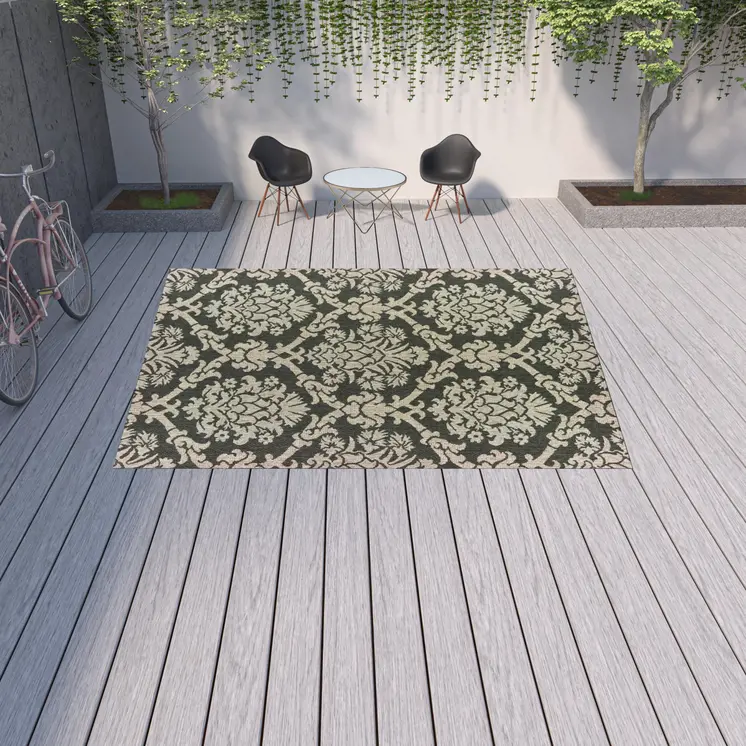 10' X 13' Gray Floral Stain Resistant Indoor Outdoor Area Rug