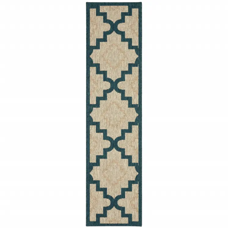 2' X 8' Blue and Gray Geometric Stain Resistant Indoor Outdoor Area Rug