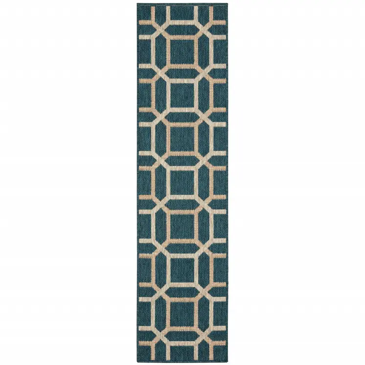 2' X 8' Blue and Gray Geometric Stain Resistant Indoor Outdoor Area Rug