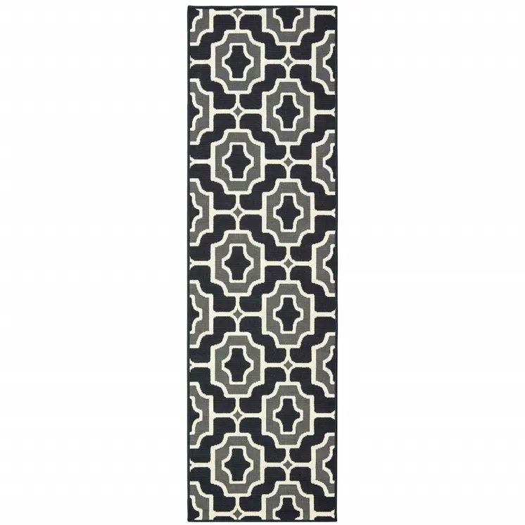 2' X 8' Black and Gray Geometric Stain Resistant Indoor Outdoor Area Rug