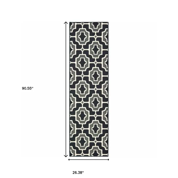2' X 8' Black and Gray Geometric Stain Resistant Indoor Outdoor Area Rug