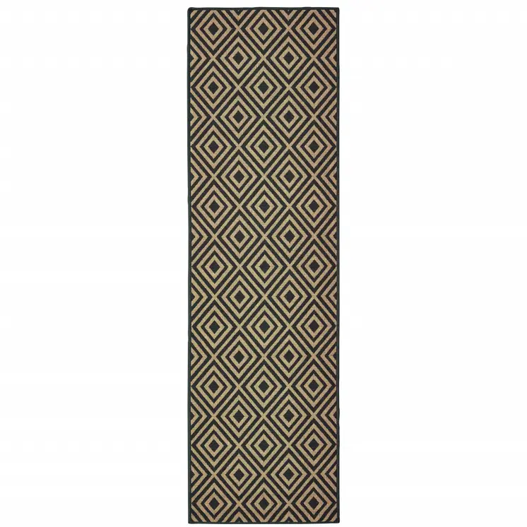 2' X 8' Black and Tan Geometric Stain Resistant Indoor Outdoor Area Rug