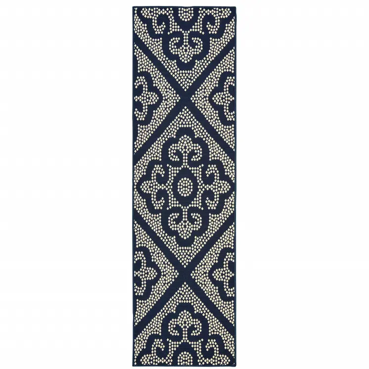 2' X 8' Blue and Ivory Geometric Stain Resistant Indoor Outdoor Area Rug