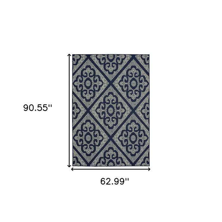5' X 8' Blue and Ivory Geometric Stain Resistant Indoor Outdoor Area Rug