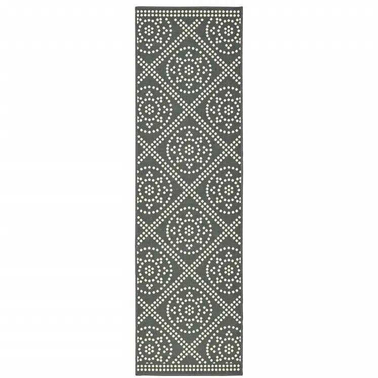 2' X 8' Gray and Ivory Geometric Stain Resistant Indoor Outdoor Area Rug