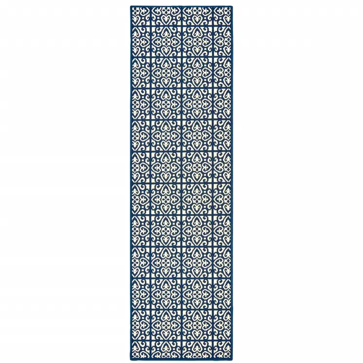 2' X 8' Ivory and Blue Geometric Stain Resistant Indoor Outdoor Area Rug