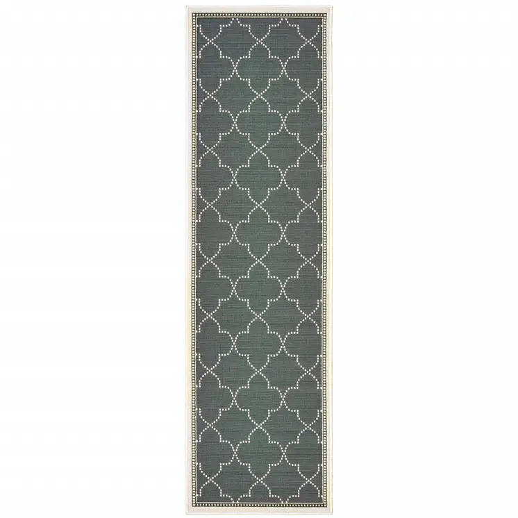 2' X 8' Gray and Ivory Geometric Stain Resistant Indoor Outdoor Area Rug