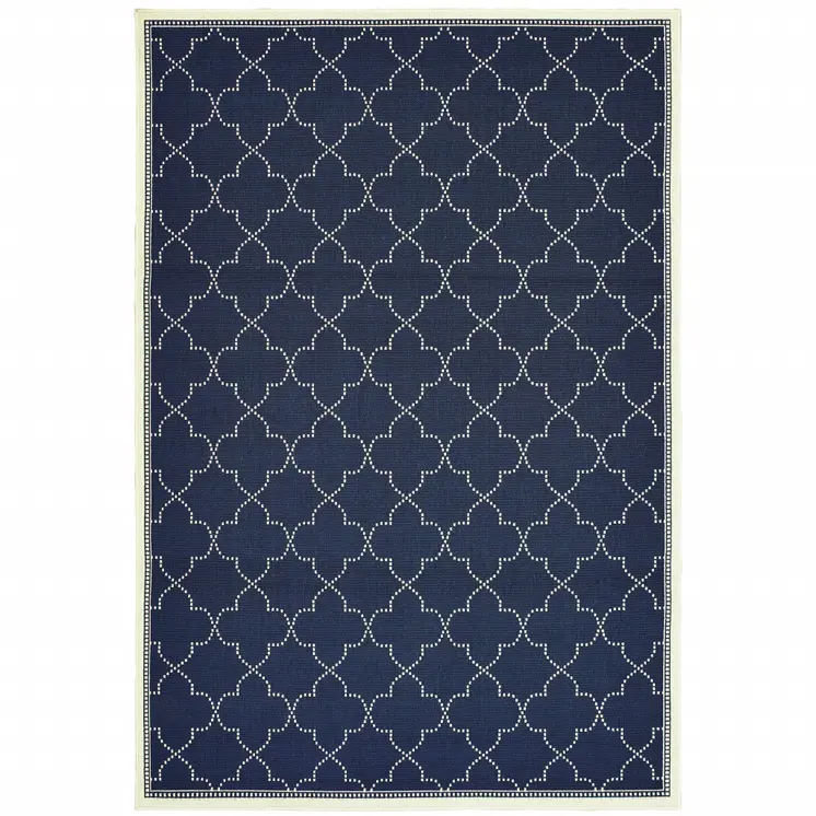 9' X 13' Blue and Ivory Geometric Stain Resistant Indoor Outdoor Area Rug