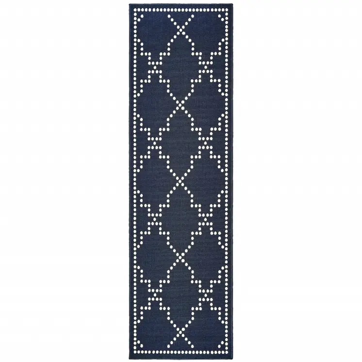 2' X 8' Blue and Ivory Geometric Stain Resistant Indoor Outdoor Area Rug