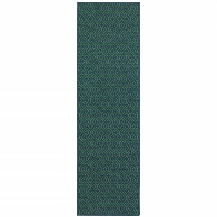 2' X 8' Blue and Green Geometric Stain Resistant Indoor Outdoor Area Rug