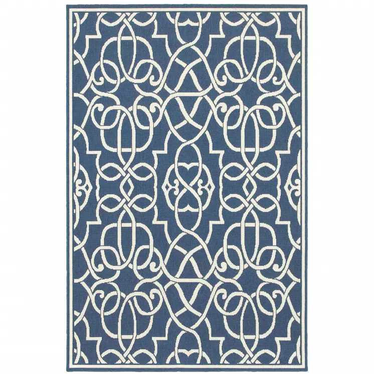 5' X 8' Blue and Ivory Geometric Stain Resistant Indoor Outdoor Area Rug
