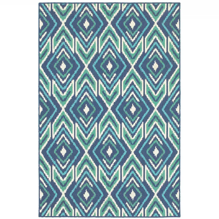 2' X 3' Blue and Ivory Geometric Stain Resistant Indoor Outdoor Area Rug