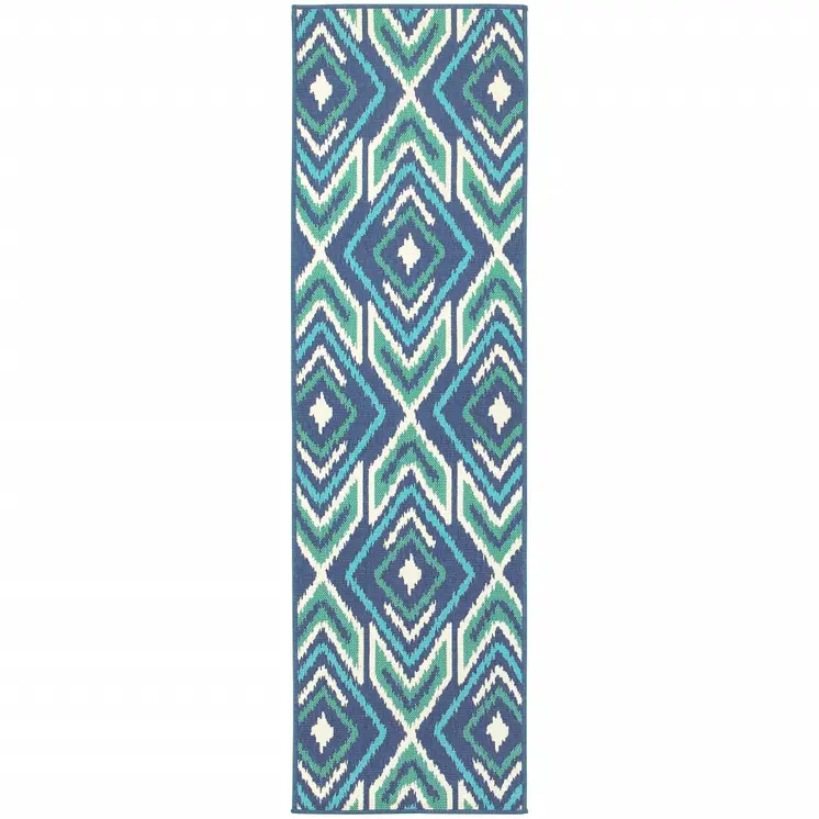 2' X 8' Blue and Ivory Geometric Stain Resistant Indoor Outdoor Area Rug
