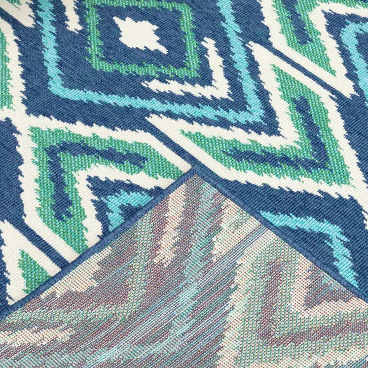 2' X 8' Blue and Ivory Geometric Stain Resistant Indoor Outdoor Area Rug