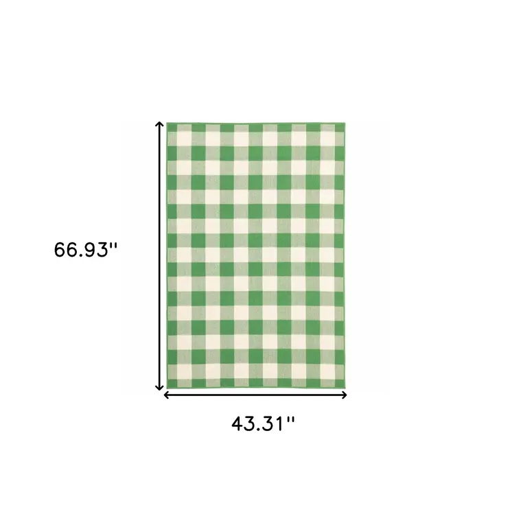 4' X 6' Green and Ivory Geometric Stain Resistant Indoor Outdoor Area Rug