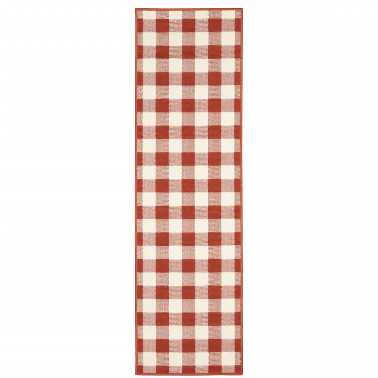 2' X 8' Red and Ivory Geometric Stain Resistant Indoor Outdoor Area Rug