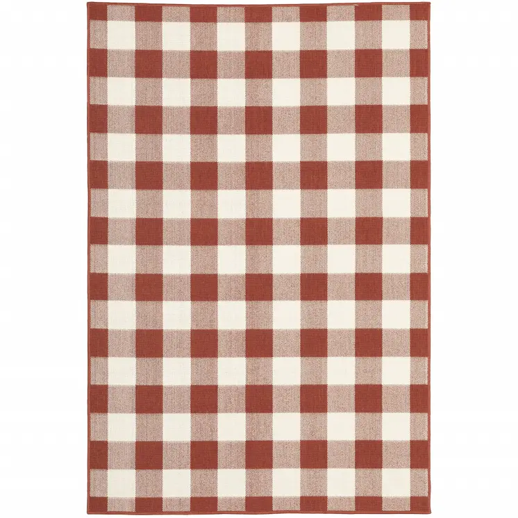 4' X 6' Red and Ivory Geometric Stain Resistant Indoor Outdoor Area Rug